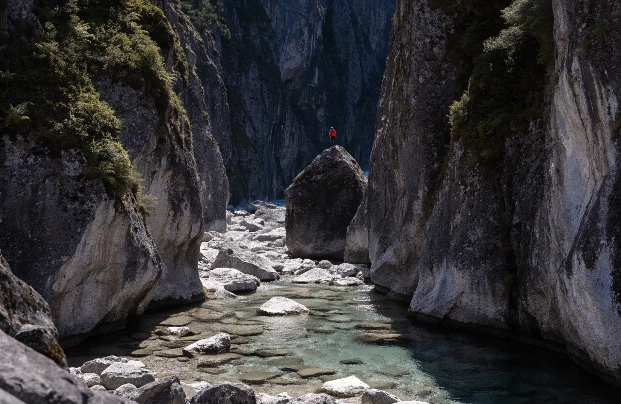 Picos de Europa: garganta de caliza con río claro en el fondo y paredes verticales