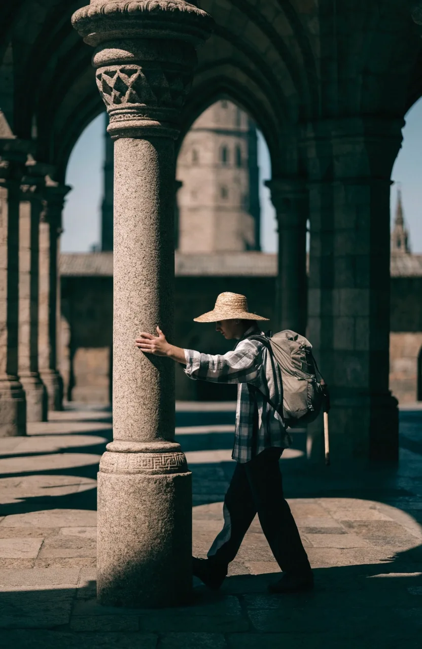 Santiago de Compostela: peregrino entrando en una arcada de granito a mediodía