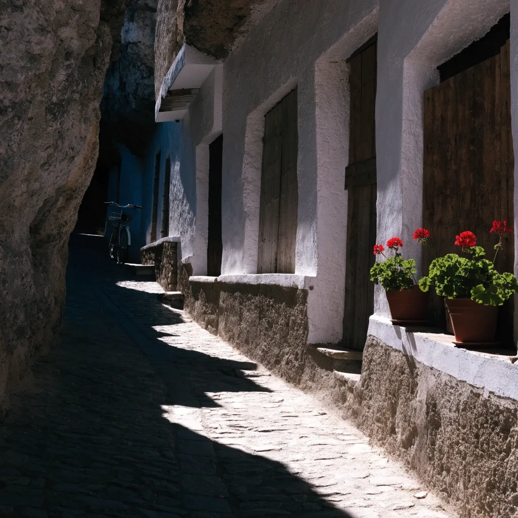 Callejón encalado y empinado del Sacromonte con muros de piedra