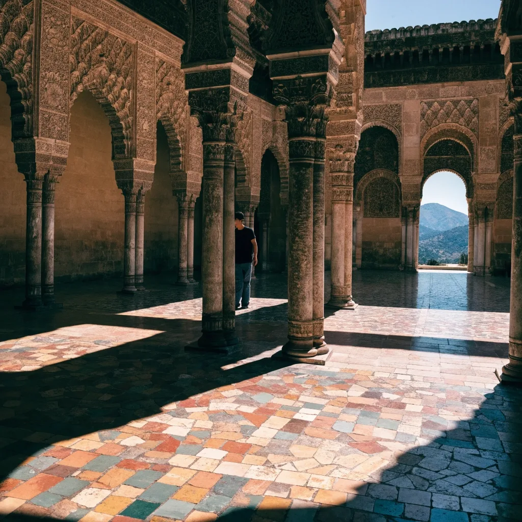 Galería de arcos de piedra en la Alhambra con sombras duras