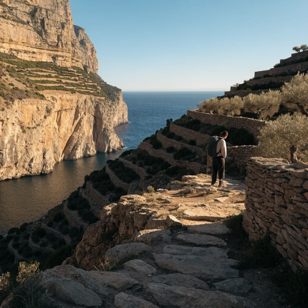 Sierra de Tramuntana en Mallorca con bancales de piedra seca sobre el mar