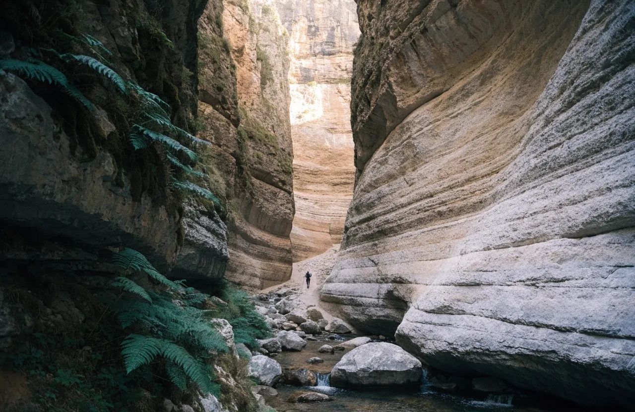 Cañón estrecho con paredes calizas verticales y un arroyo en el fondo