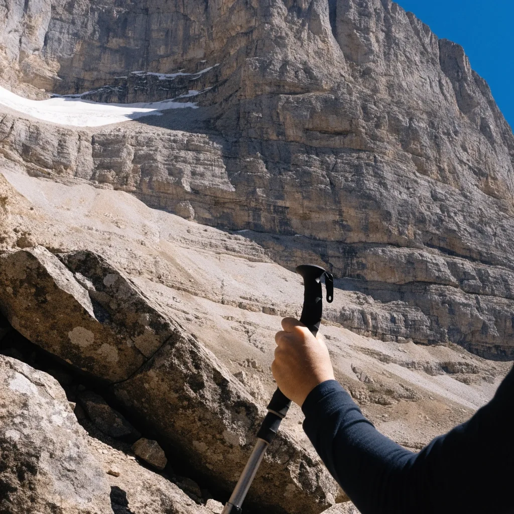 Pared caliza del macizo de Monte Perdido con un excursionista diminuto en una hombrera de roca