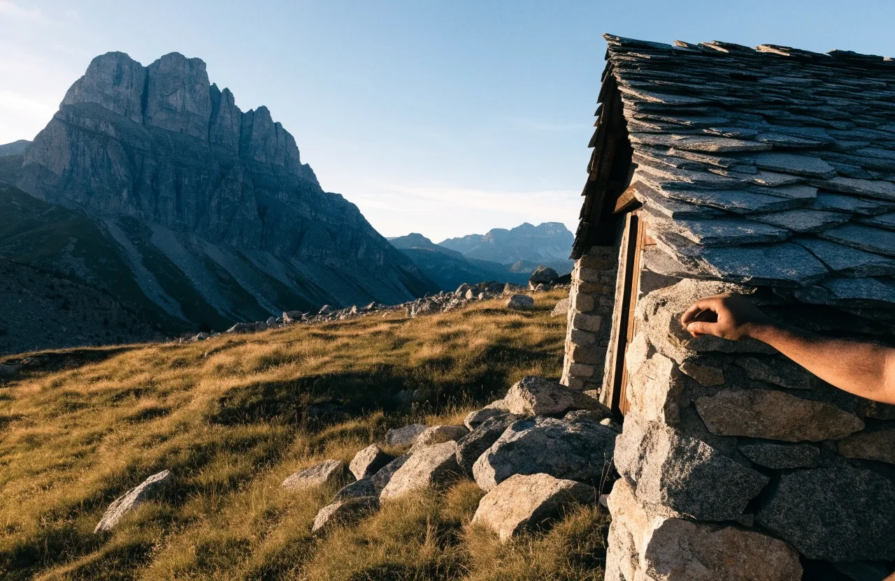 Pradera de altura con una cabaña de piedra y tejado de pizarra
