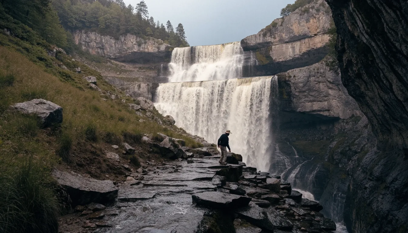 Salto de agua sobre escalones de caliza en el fondo del valle