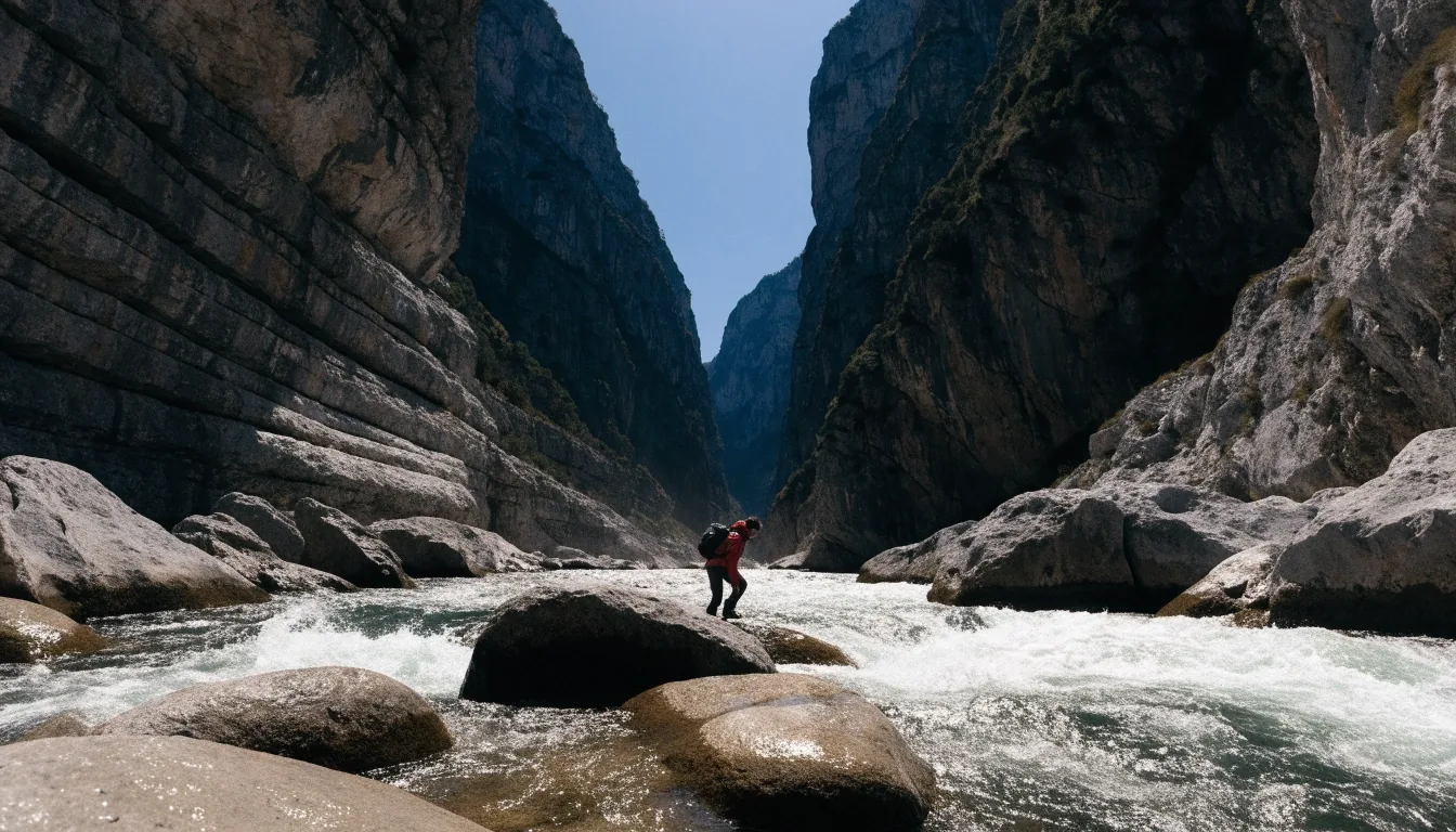 Fondo de un desfiladero de caliza con el río entre dos paredes verticales