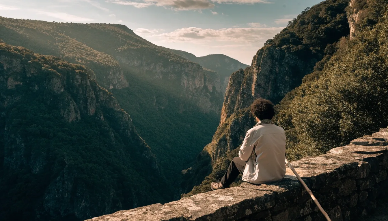 Mesa de trabajo con un atlas cerrado y un bastón de montaña apoyado en el borde