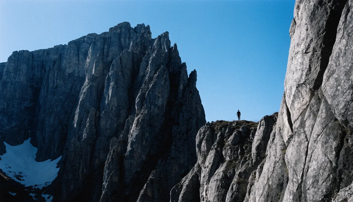 Paredes de caliza de los Picos de Europa bajo luz dura de mediodía, con una figura diminuta en una hombrera de roca
