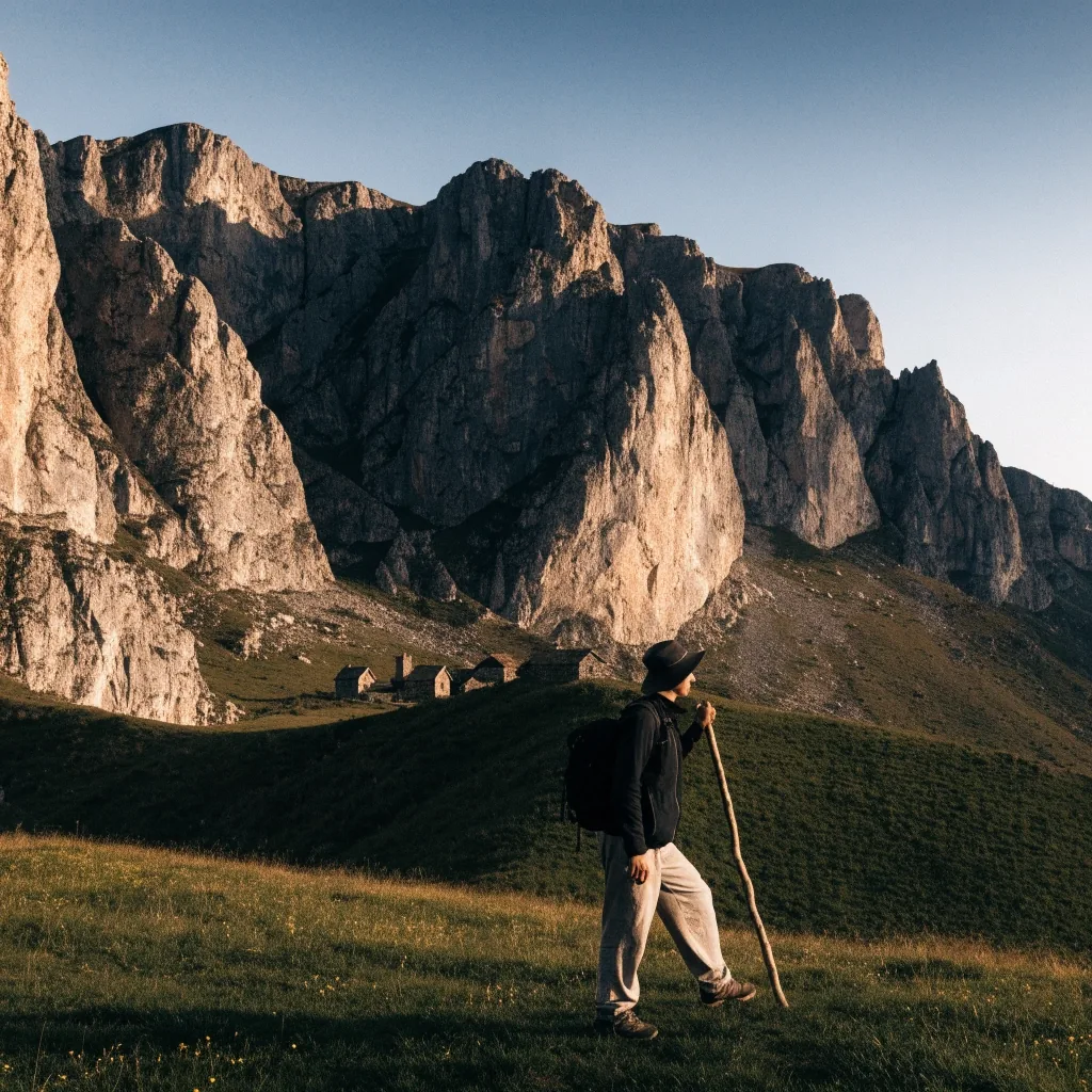 Pradera de altura con una cabaña de piedra y los picos al fondo