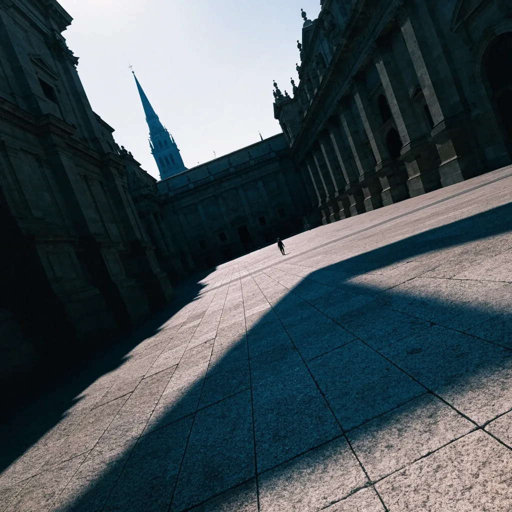 Plaza de granito en Santiago de Compostela a mediodía, con sombras duras y una figura lejana cruzando