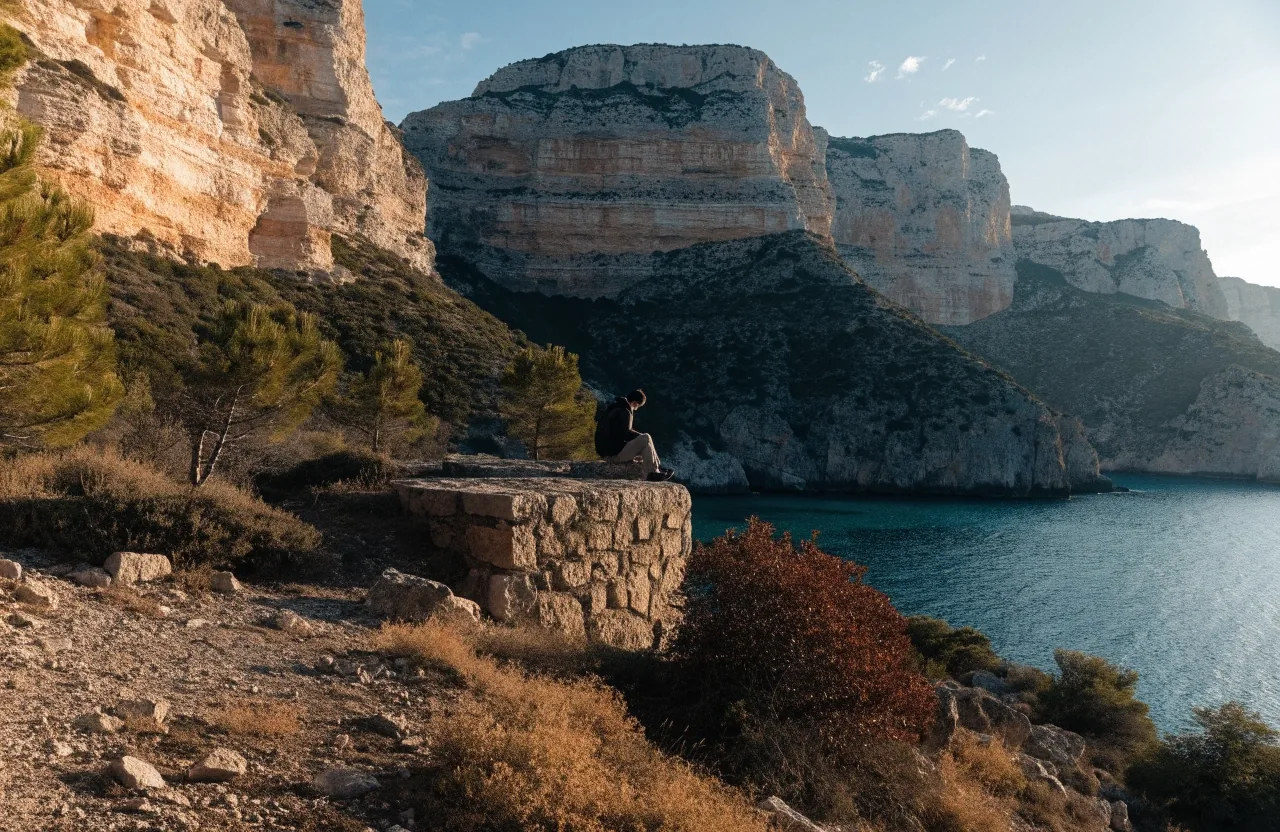 Sendero de acantilado en la costa de las Islas Baleares con roca caliza y agua azul profundo