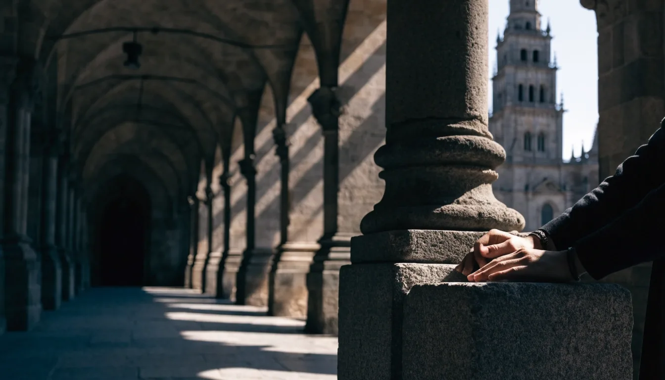 Arcada de arcos de granito en el casco histórico de Santiago de Compostela con sombras duras a mediodía