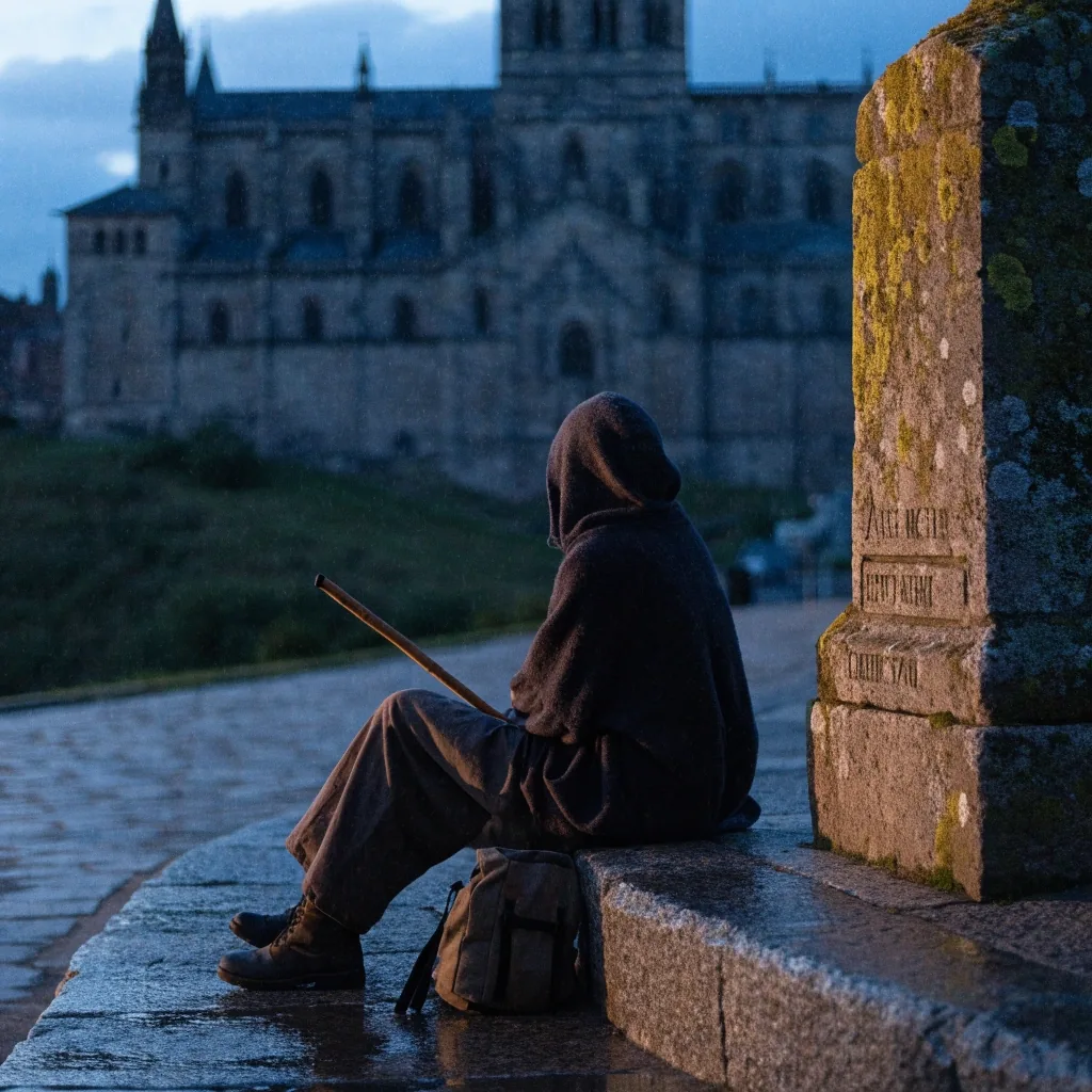 Peregrino caminando de espaldas por un sendero de piedra a las afueras de Santiago de Compostela