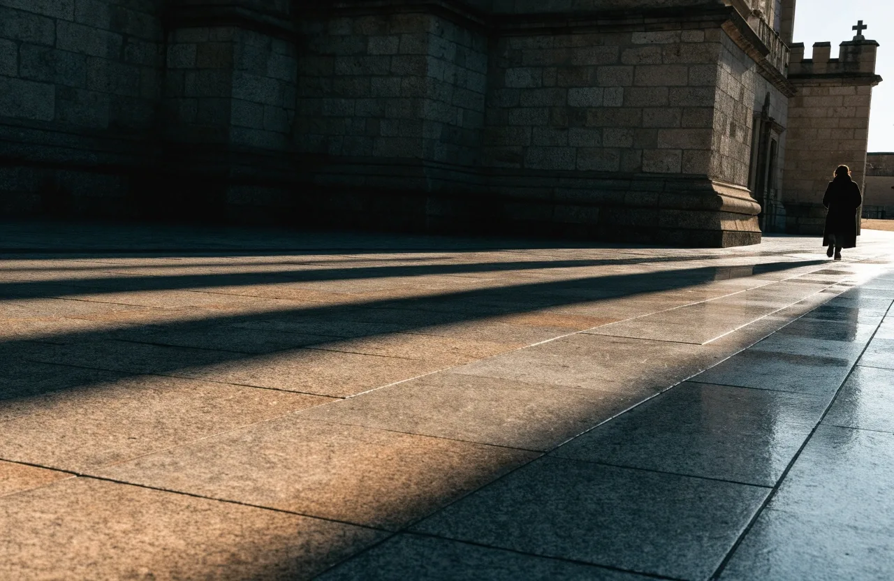 Plaza de piedra de Santiago de Compostela a mediodía, con sombras duras sobre el pavimento mojado y una torre de granito recortada por el encuadre