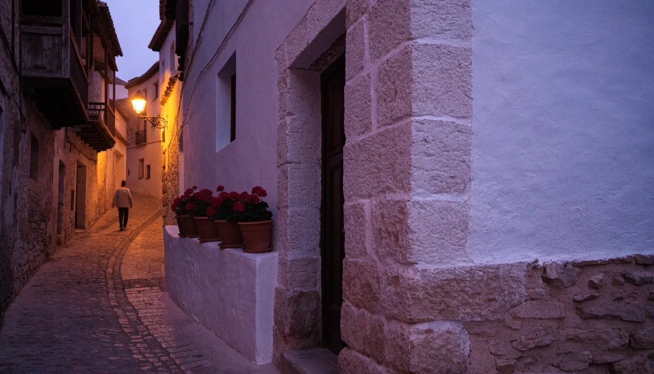 Esquina de una calle encalada andaluza a la luz del atardecer